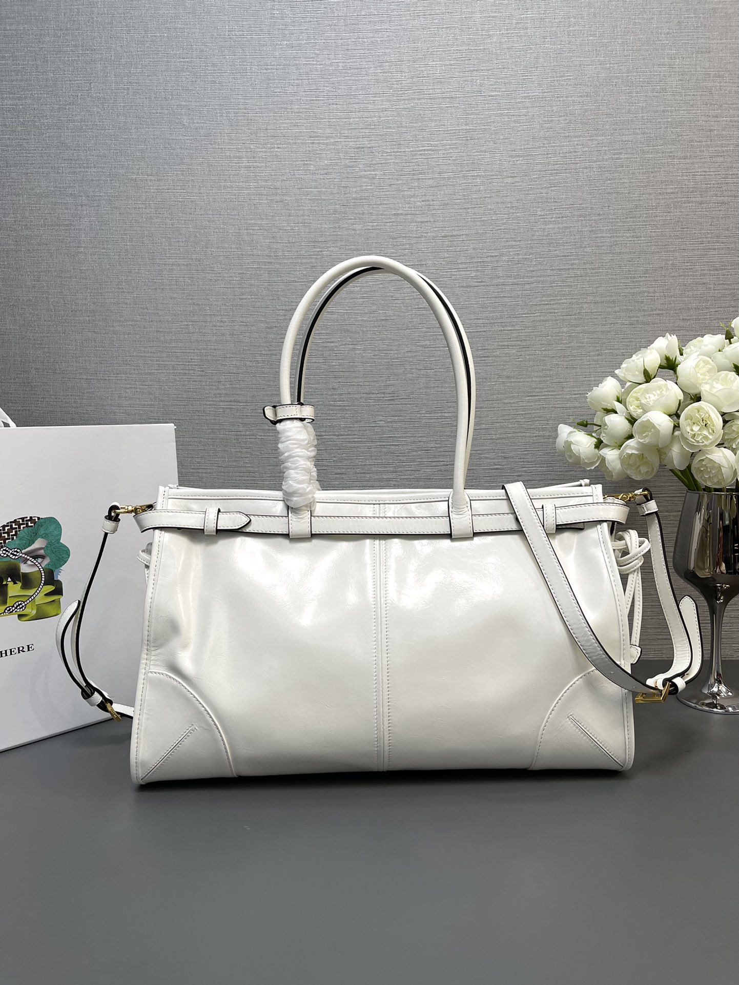 Prada Large LusSolf Leather Handbag Bag Tote White 1BA433